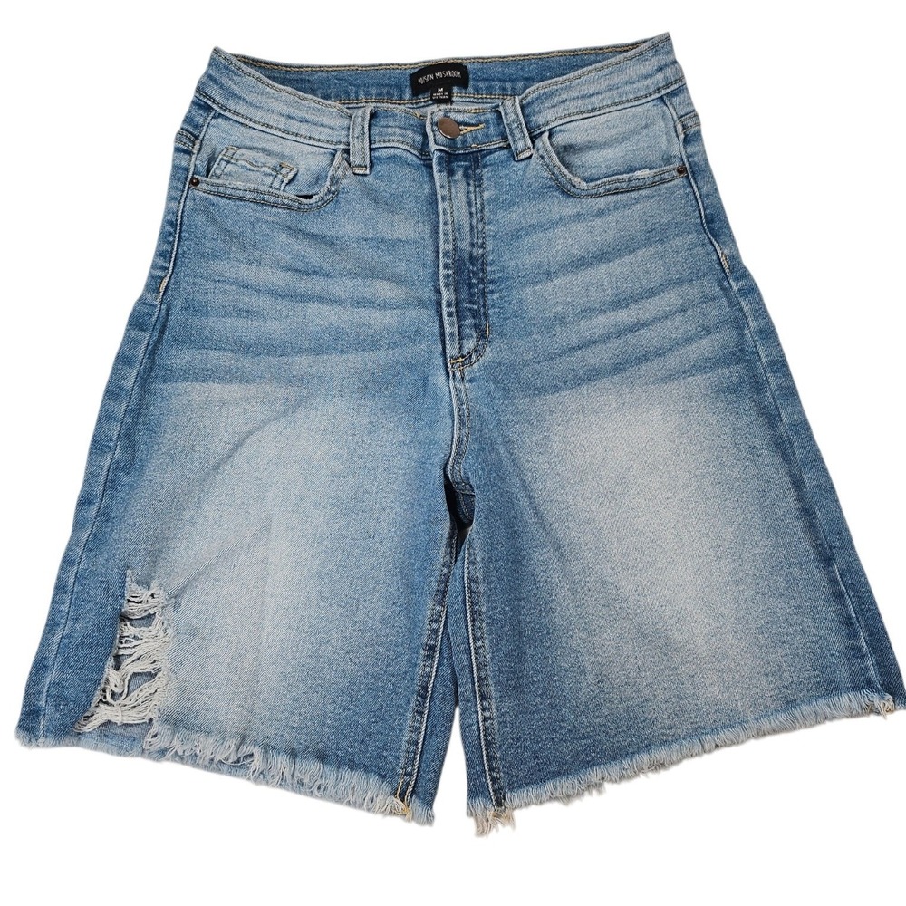 Poison Mushroom Womens High Rise Distressed Bermuda Jean Shorts Light Wash Med